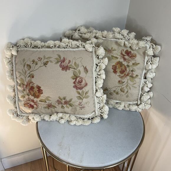 Qty. 3 Petit Point Needlepoint Wool Pillows 20” Sq & 12x14 French Abusson Style - Picture 12 of 16